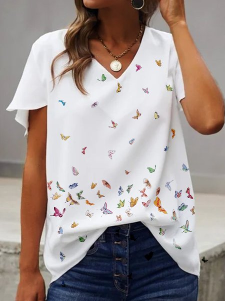 

JFN V Neck Butterfly Vacation T-Shirt/Tee, White, T-Shirts