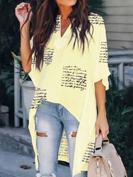 

Stampato Lettera Mezza Manica Superiore, Yellow, Blouses & Shirts