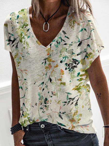 

V Neck Casual Shift Short Sleeve Shirts & Tops, White, T-Shirts