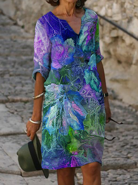 

Scollo a V Stampato Abito, Blu viola, Midi Dresses