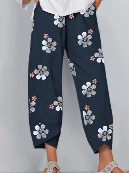 Cotton-Blend Floral Printed Casual Pants, Deep blue, Pants