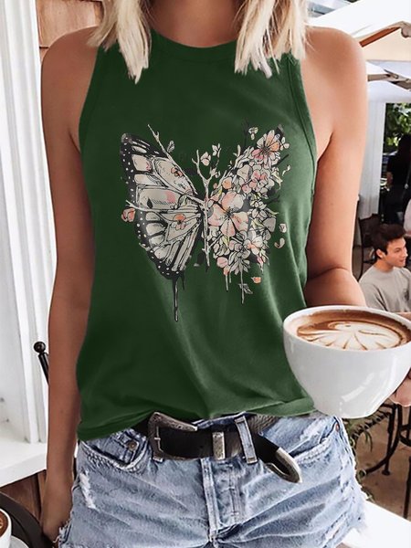 

Flowers and Butterflies Graphic Tank Top, Dark green, Tank Tops