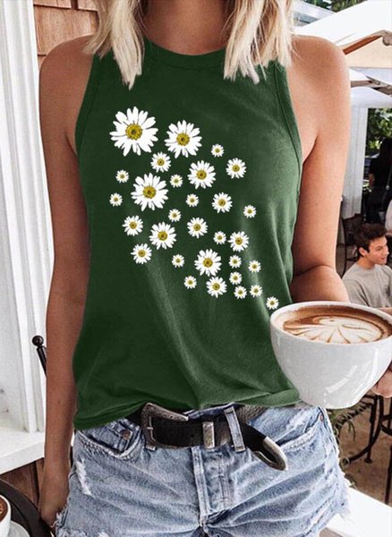 

Daisy Cute Sleeveless Cotton-Blend Women Tank Top, Dark green, Tank Tops