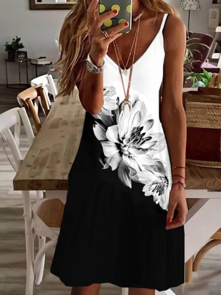 

Senza Maniche Stampato Misto Cotone Scollo A V Abito, Multicolore, Mini Dresses