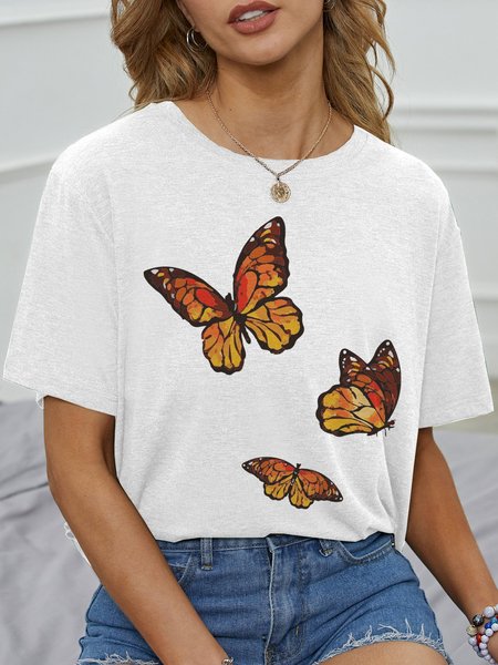 

Butterfly Short Sleeve Crew Neck Cotton-Blend Shirts & Tops, White, T-shirts