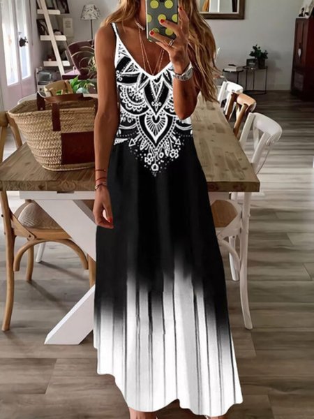 

Sleeveless V Neck Printed Knitting Dress, Multicolor, Maxi Dresses