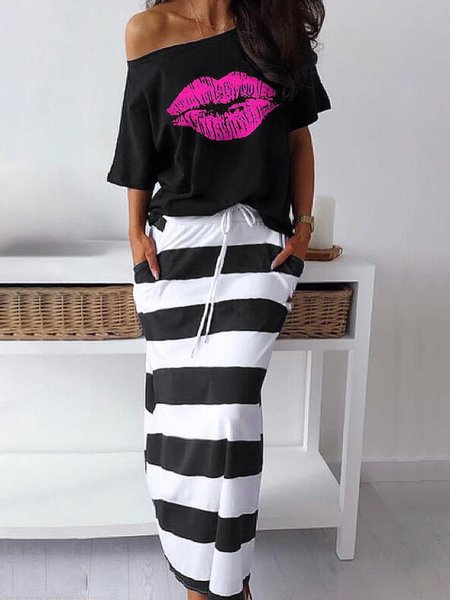 Printed Round Neck Holiday Suits, Black, Maxi Dresses