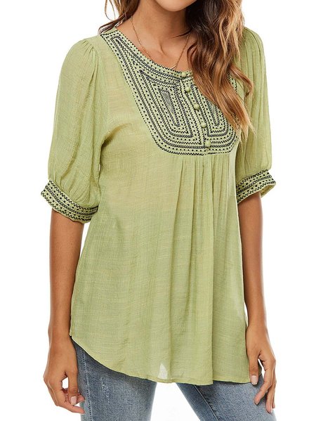 

Embroidered Casual Short Sleeve Tribal Shirts & Tops, Aqua, Tees & T-shirts