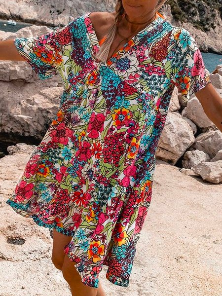 

V Neck Casual Short Sleeve Cotton-Blend Dresses, Multicolor, Dresses