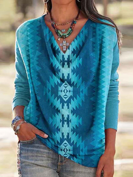 Camicie & Top Casuale Geometrico Maniche Lunghe Misto Cotone, Blu, Blouses & Shirts