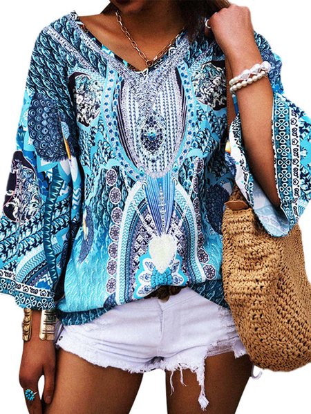 

Casual 3/4 Sleeve Printed Shirts & Tops, Blue, Tops