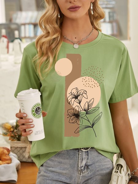 

Funny Botanical Floral Print Cotton Short Sleeve Casual Shirts & Tops, Olive green, T-shirts
