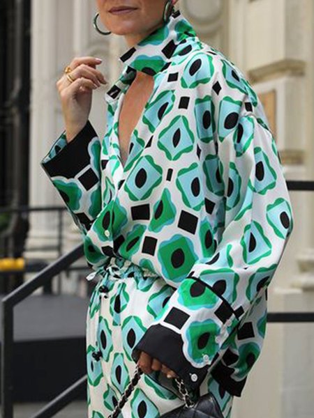 

Long Sleeve Casual Shirt Collar Shirt, Green, Blouses and Shirts