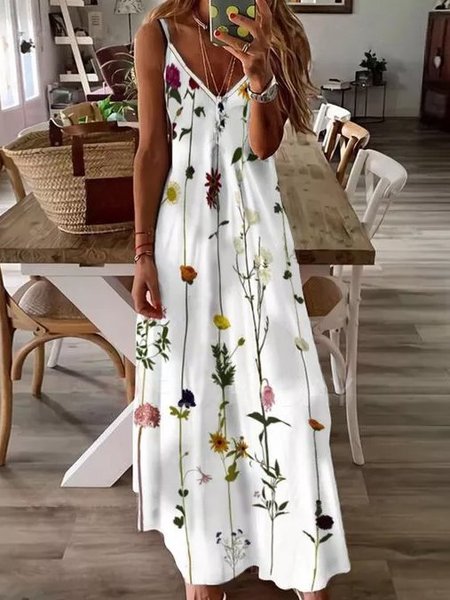 

A-line Senza Maniche Scollo A V Abito, Bianco, Maxi Dresses