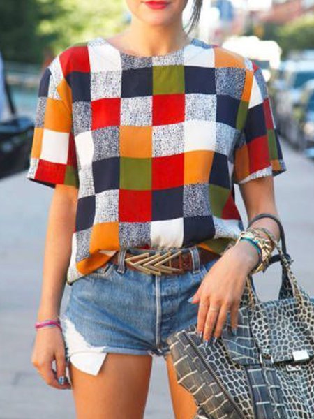 

Crew Neck Short Sleeve Checkered/Plaid Top, As picture, Blouses and Shirts