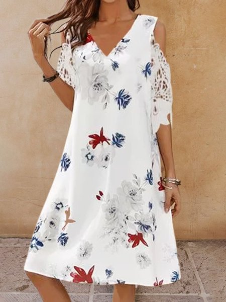 

V Neck Floral Cotton-Blend Holiday Dresses, White, Dresses