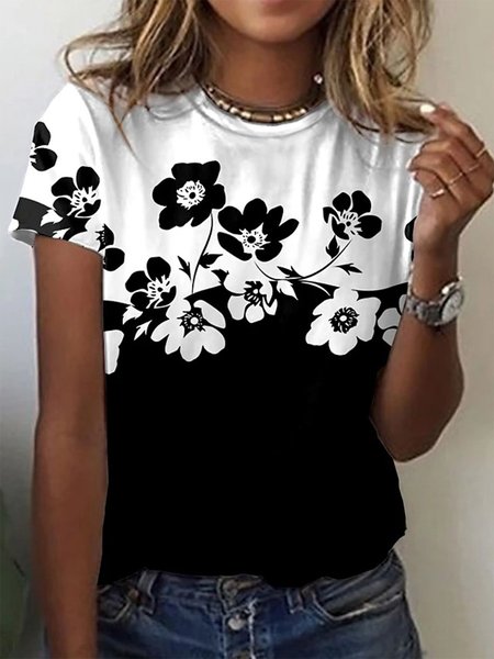 

Floral Short Sleeve Casual Shift Shirts & Tops, White-black, T-Shirts