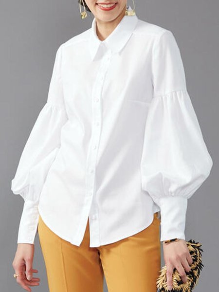 

Shirt Collar Solid Long Sleeve Vintage Top, White, Blouses and Shirts