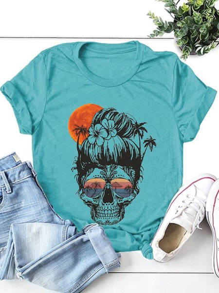 

Skull Holiday Beach Casual Women Tshirt, Cyan, T-shirts
