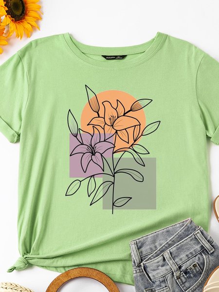 

Minimalist botanical flowers Women's Short Sleeve Casual Shirts & Tops, Olive green, T-shirts
