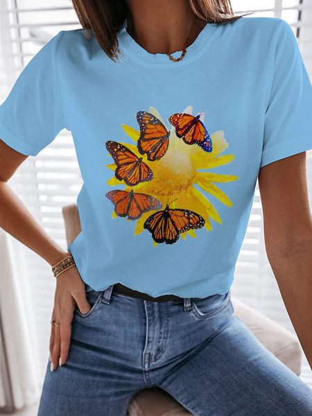 

Watercolor Butterfly Graphic Short Sleeve Loose Tee, Light blue, T-shirts