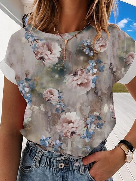 

Dritto Misto Cotone Floreale Casuale Top, Grigio, T-Shirts