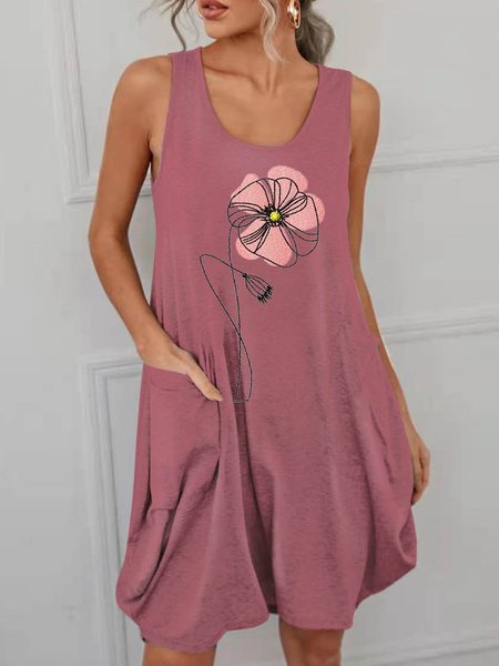 

Funny Poppies Print Women's Casual Cotton-Blend Shift Sleeveless Dresses, Wine red, Casual Dress