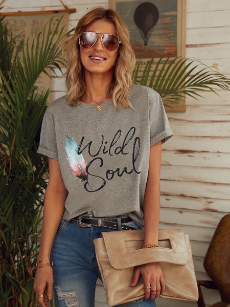 

Wild Soul Boho Feather Graphic TShirts & Tops, Light gray, T-shirts