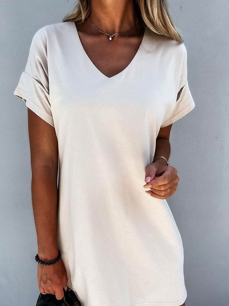 

Cotton V Neck Short Sleeve Plain Dresses, Apricot, Dresses