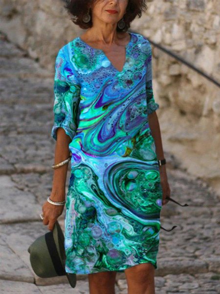 

Abito Scollo a V Mezza Manica Stampato, Multicolore, Midi Dresses