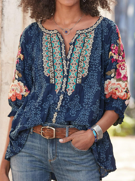 

Floral Scoop Neckline Holiday Half Sleeve Shirts & Tops, Navy blue, Blouses & Shirts