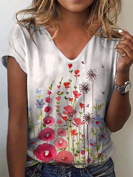 

Floral Printed Short Sleeve Crew Neck Shirts & Tops, White, T-Shirts