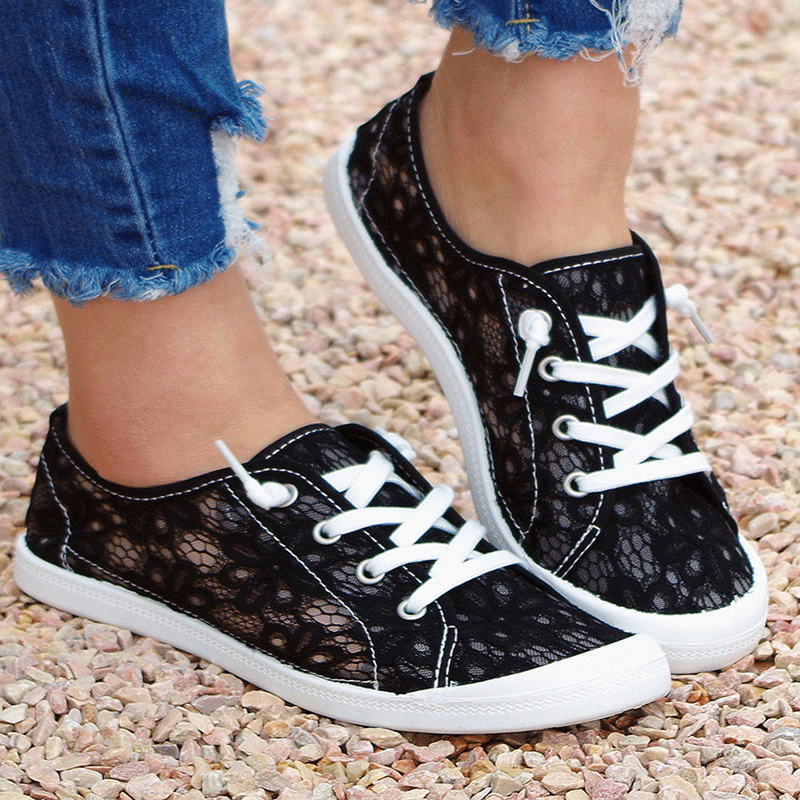 

Lace Flat Breathable Comfortable Fashion Net Shoes, Black, Sneakers