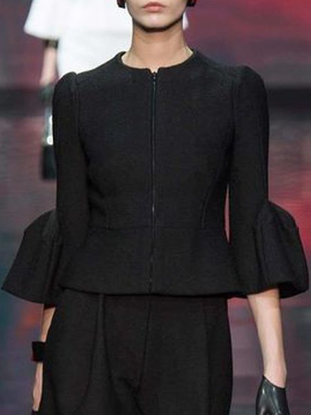 

Zipper Solid Crew Neck Elegant Top, Black, Blouses and Shirts