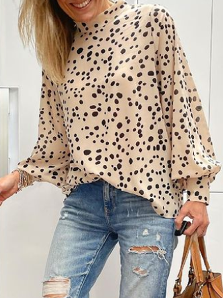 

Balloon Sleeve Stand Collar Polka Dots Printed Top, As picture, Blouses and Shirts