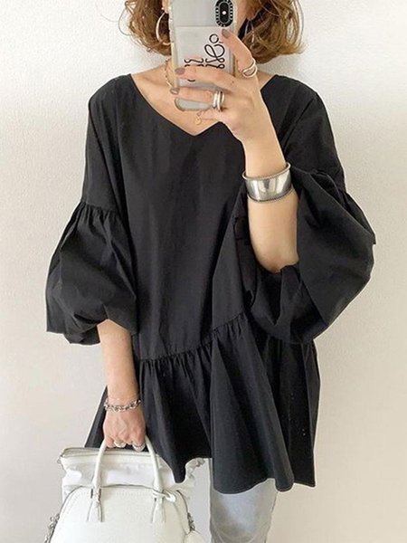 

3/4 Sleeve V Neck Solid Shift Casual Top, Black, Blouses and Shirts