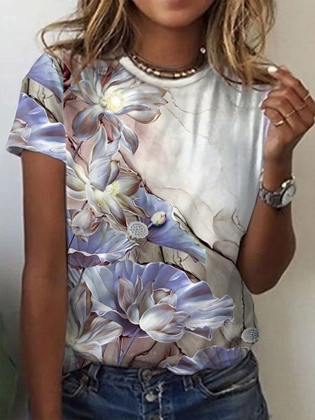 

Floral Printed Short Sleeve Crew Neck Casual Shirts & Tops, White, T-Shirts