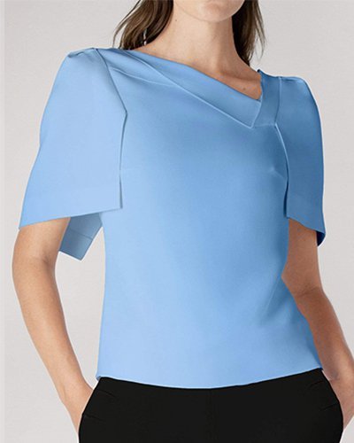 

Vintage V Neck Shift Plain Shirt, Blue, Blouses and Shirts