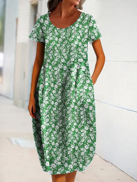 Abito Maniche Corte Cotone, Verde, Midi Dresses