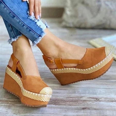 

Braided Strap Summer High Heel Wedges&Flatform, Brown, Creepers & Wedges