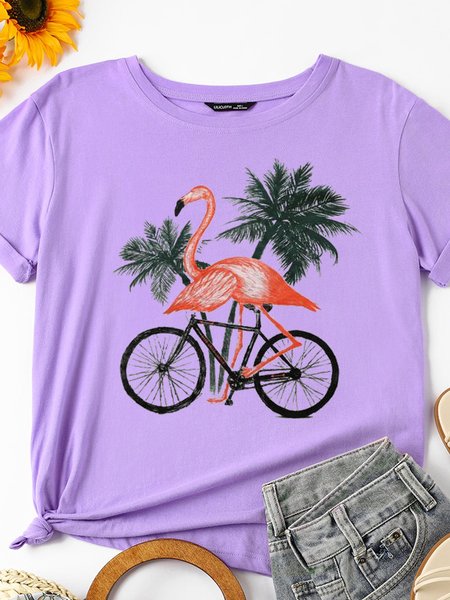 

Flamingo Riding A Bicycle Women's Short Sleeve Crew Neck Cotton Shift Tops, Purple, T-shirts