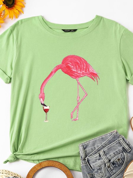 

Funny Wine Flamingo Short Sleeve Crew Neck Shift Cotton Tops, Olive green, T-shirts