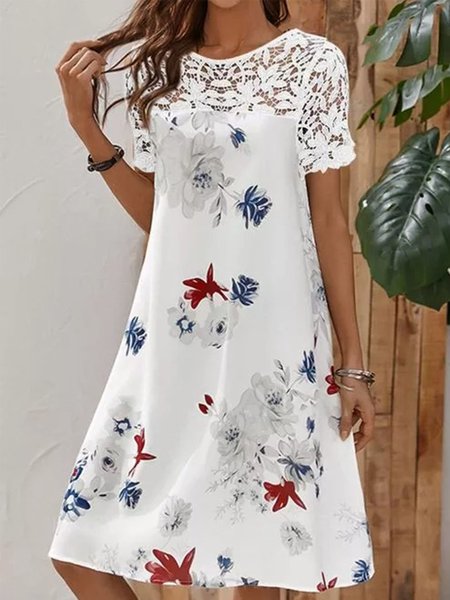 

Abito Girocollo Vintage Maniche Corte, Bianco, Midi Dresses