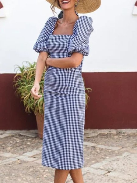 

Half Sleeve Square Neck Elegant Dress, As picture, Midi Dresses