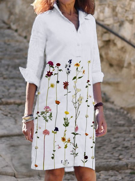 

Maniche Lunghe Stampata Floreale Misto Cotone Colletto a Camicia Abito, Bianco, Midi Dresses
