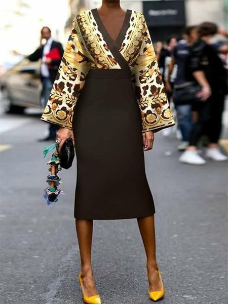 

Elegant V Neck Long Sleeve Sheath Midi Dress, As picture, Midi Dresses