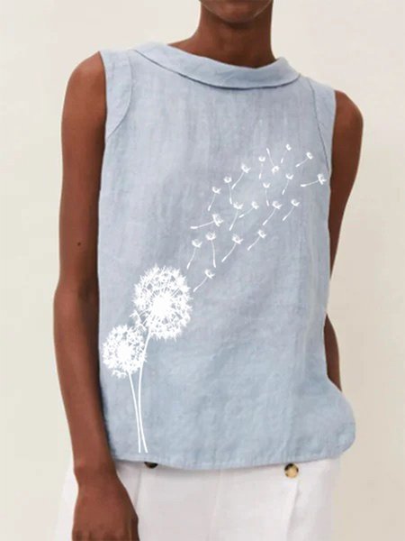 

Vintage Sleeveless Dandelion Printed Plus Size Casual Tops, Blue, Blouses & Shirts