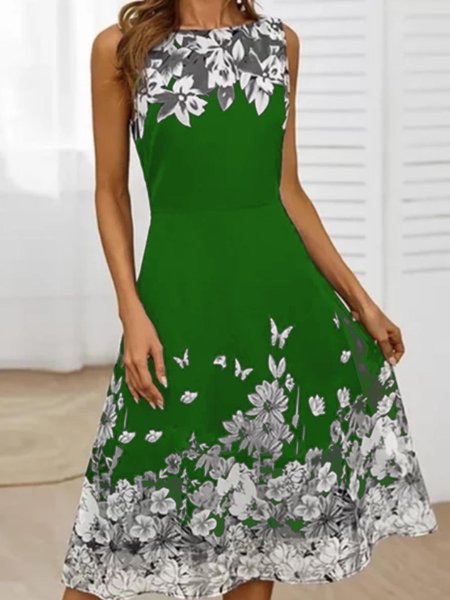 

Abito Floreale Girocollo Vacanza Senza Maniche, Green, Dresses
