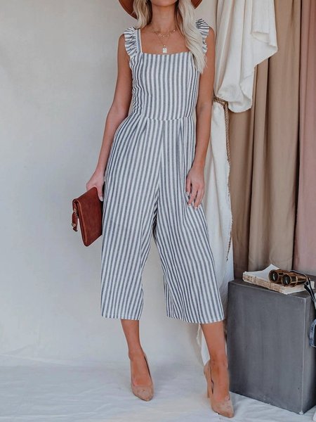 

Square Neck Sleeveless Stripes Sweet Jumpsuit & Romper, Gray, Jumpsuits