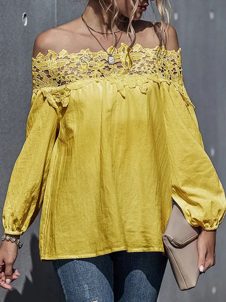 

Long Sleeve Off Shoulder Solid Lady Top, Yellow, Blouses and Shirts